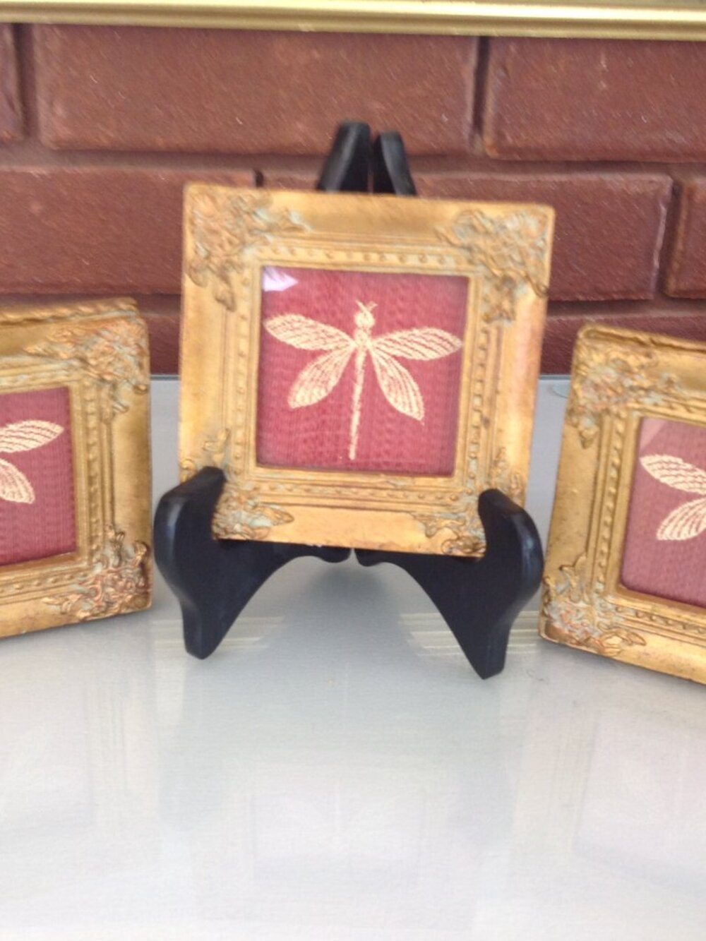 3 Miniature Dragonfly Pictures in Gold Frame under Glass